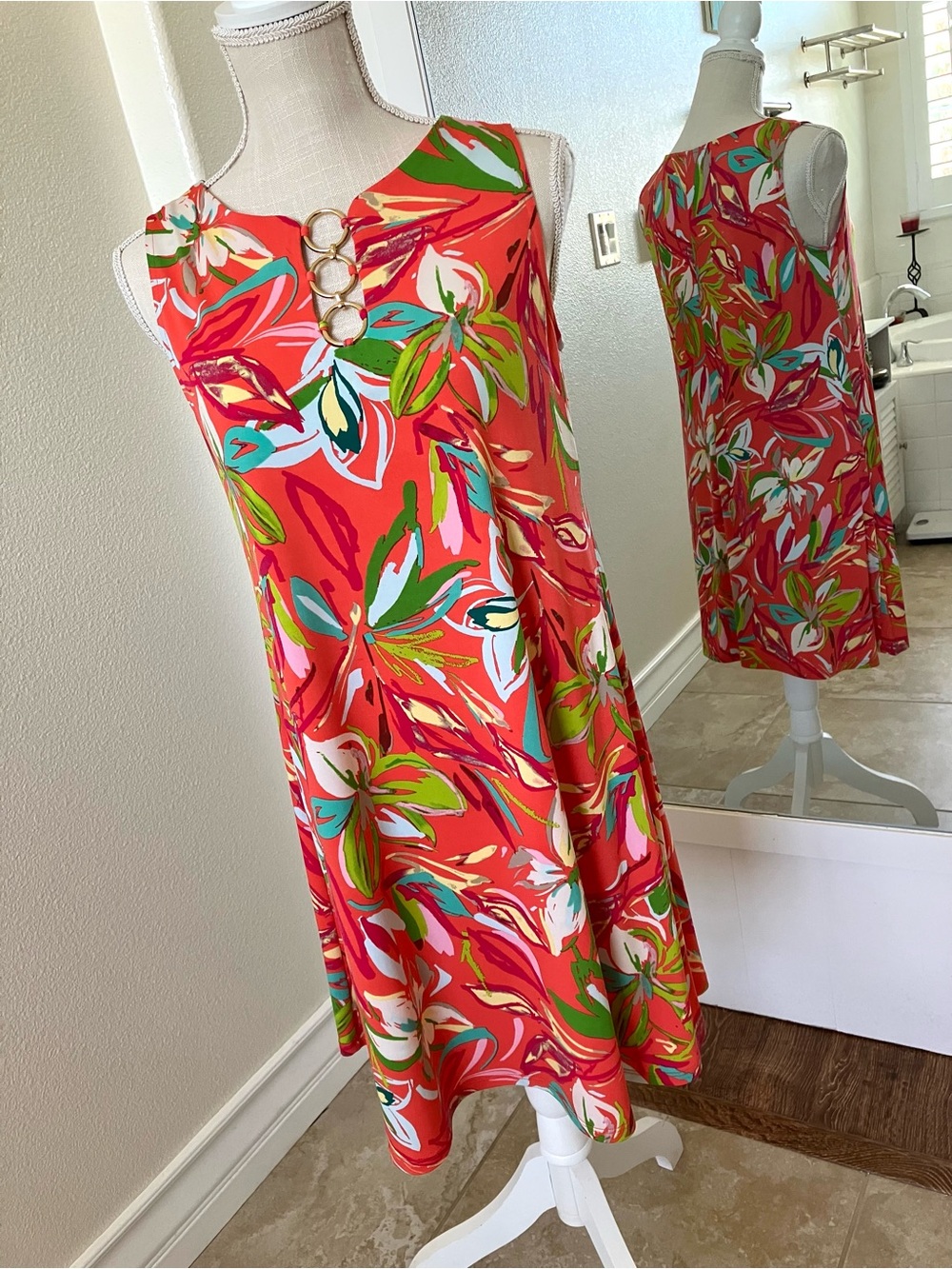 MSK Petite Orange Floral Dress with Gold Ring Detail, size PM